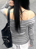 Off Shoulder Striped Crop T Shirts Women Vintage Harajuku Fashion Long Sleeve Tess Female Casual Japanese Y2k Style Top