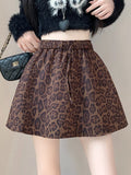 Pbong  Y2K Leopard Mini Skirt Women High Waist Faux Suede Fabric A Line Skirts Streetwear Fall Winter Loose Vintage Sexy Skirts