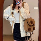 Coquette Cardigan Sweater Woman Kawaii Bow Hollow Out Knitted Tops Korean Fashion Sweet Preppy Cute Aesthetic Solid