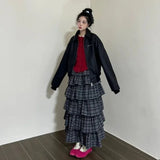 Vintage Ruffle Plaid Skirt Women Elegant Sweet Long Skirts Japanese Style Streetwear Fashion Patchwork Layered Skirt