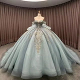Pbong  Light Blue Princess Quinceanera Dresses Vestidos De 15 Quinceañera Lace Appliqued Beaded Women Party Dress With Bow