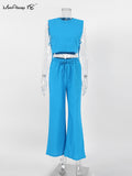 Summer Khaki Cotton Linen Pants Sets Women Two Pieces Fashion Lace-Up Crop Tops Vacation Wide Legs Long Pants Suits