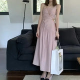 Pbong  Spring Summer New Women's off Shoulder Dress Slimming A-Line Midi Skirt Irregular Pleats Waist Cinched Lightweight  Style