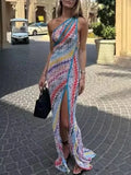 Pbong  Colorful Print Dresses for Women Diagonal Collar Spliced Hollow Out Sleeveless High Waist Split Dress Female Autumn