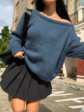 Pbong  Elegant Long Sleeve Overhead Sweater Loose Lazy Style Shoulder Bared Knitted Top Versatile Comfortable Fit Chinese Brand AE