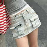 American Retro Skinny Pockets Denim Short Skirt Vintage 2000s High Waist Slim-fitting Basic Women Streetwear Y2k Mini Dress