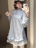 Lace Patchwork Striped Dress Women Sweet Floral Embroidery Mini Dress Fall Preppy Style Long Sleeve Cute Korean A Line Dress New