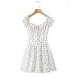 Pbong  French Retro Bow Ruched Chest V collar Corset Style Mini Dress Women Low Waist Ruffles Hem Short Puff Sleeve Swing Dresses
