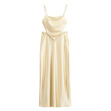 Light Yellow Party Long Dress Satin Sleeveless Slim Fashion Women Dress For Summer Sexy Backless Lace-up Woman Clothing