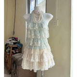 Korean Sexy Lace Patchwork Contrast Color Tank Top Women Halter Bandage Sleeveless Streetwear Tanks Ruffled Grunge Camisole