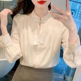 Pbong  Long Sleeve Shirts Womens Satin Oversized Button Down Tops Lantern Sleeves Polka Dot Pleated Hem Minimalist French Style Preppy