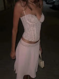 Pbong   Sexy Lace Vest Skirt Set Women Beach See Through Sling Crop Tops Patchwwork Skirts Summer Autumn Vacation Lady Suits New