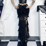 Gothic Folding Fishtail Multi-layer Splicing Split Skirt Woman Velvet High Waist Lace Patchwork Punk Mermaid Skirts
