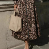 Pbong  Sexy V-neck Leopard Print Lantern Sleeve Zipper Shirt Dress Long Dress Women's Fashion Spring Autumn Clothing High Waist A- li..