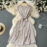 Pbong  Women Dress Y2K Sleeveless Polka Dot Print Pleated Dress with Belt Summer Fashion Lady Streetwear Outfits Vestidos