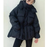 Winter Hooded Parkas Warm Jacket Women Down Cotton Coat Irregular Fluffy Bubble Drawcord Waist Outwear