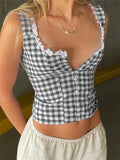 Women's Retro Plaid Tank Tops Sleeveless Button Down Lace Trim Cropped Tops Backless Bandage Casual Summer Vest Shirts New