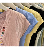 Summer V-Neck Short Sleeve Thin Tshirts Women Pastel Colored Button Knitted T-Shirts Teen-girl Stretch Fitted Tees Y2K Clothing