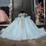 Pbong  Customized Glittering Sky Blue Tull Princess Quinceanera Dress Beaded Crystal Sweet 16 Party Dress Bow Vestidos De 15 Birthday