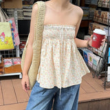 Floral Graphic Print Tube Tops Y2k Elastic Bust Strapless Flowy Camis Fairycore Sweet Cute Off Shoulder Backless Babydoll Vest