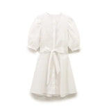 Stripe Puff Sleeve All-match Women Dress With Belt 2025 New Round Neck Casual Short Dress A-line Elegant Chic Female Vestidos