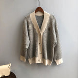Women's Sweater Button Down V-Neck Striped Cardigan Knitted Tops Single Breasted Autumn Winter Casual Chic Knitwear Outfit
