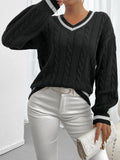 Striped trimmed twisted flower knitted shoulder sweater