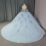 Pbong  Glittering Light Blue Quinceanera Dresses Flowers Beading Lace Vestidos De 15 Anos Birthday Party Prom Princess