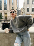 autumn and winter new 100% cashmere sweater women's grey round neck pullover knitted wool loose thick sweater