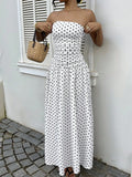 Pbong  Summer Polka Dot Strapless Sleeveless Long Dress Women Fashion Off Shoulder Slim Ruffles Dresses Elegant