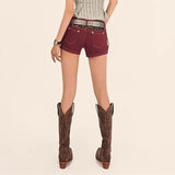 Pbong  Women's Sexy Leopard Spliced Red Denim Shorts Summer Retro Low-Rise Y2K Jean Shorts Summer Korean Fashion Hot Short Pants