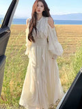 Women Elegant Solid Color Ruffle Fairy Dress Korean Fashion Slim-Waist A-Line Midi Dress French Princess Party Wedding Ball Gown