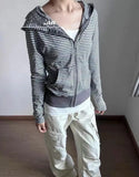 2000s American Streetwear Striped Hooded Sweatshirt Y2k Autumn New Slim Fit Short Cardigan Fashion Casual Long Sleeve Coat Women