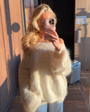 Fluffy Mohair Off Shoulder Cropped Sweater Oversize Slouchy Long Sleeve 2025 Autumn Cozy Women Knit Top Trendy Sweet Lady Jumper