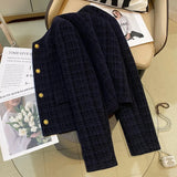Ladies Short Jacket 2025 Spring Autumn Navy Blue Small Fragrance Lady Outerwear Korean Version Temperament Women's Short Tops