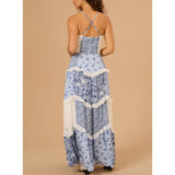 Pbong  Women Summer Boho Lace Trim V-Neck Smocked Adjustable Spaghetti Strap Cross Backless Ruffled Floral A-Line Long Dress