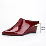 Pbong  New Designer Wedge Sandals Woman Luxury Patent Pointed Toe Heeled Slippers High Quality Mules Shoes Big Size 43