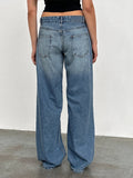 Women Jeans Low Waist Solid Color Wide Leg Straight Trousers with Pockets for Daily Streetwear Fashion Denim Pants
