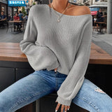 Lunivop  Women's Winter Clothing Off Shoulder Loose Fit Long Sleeve Solid Color Ribbed Crew Neck Sweater Women's Cheap Clothing Free