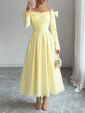 Pbong  Sweet Elegant Women Spring Summer Light Yellow One Shoulder Bow Dress Long Sleeve Waist Slimming Medium Length Princess Dress