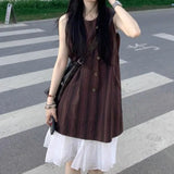 Pbong  Women's Casual Sleeveless Striped Mini Dress Ruffled Hem Two-Layer Design Loose Fit Daily Dress