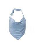 Blue Bright Silk Halter Top Glitter Tanks Ruched Crop Backless Vests Sexy Camis Summer Outfits