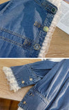 Fashion Lace Denim Shirt Women Clothing Autumn/Winter Retro Loose Casual Jackets Ruffled Collar Long Sleeve Blouses Women Tops