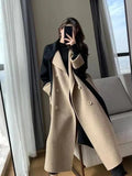 Winter Women's Cold Coat New Autumn Winter Color Block Senior Wool Coats Turn-down Collar Temperament Trench Coat Female