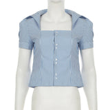 Preppy Stripe Print Blouse Shirt Vintage Puff Short Sleeve Button Down Crop Tops Women Ladies Square Collar T-shirt Y2k Clothes