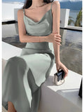 Women Satin Solid Color Swinging Collar Evening Dress Elegant Party Dresses New Summer Sexy Spaghetti Strap Backless Maxi Dress