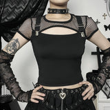 Goth Dark Mall Gothic Fishnet Patchwork Blouses Hollow Out Sexy Grunge Aesthetic T-shirts Punk Short Sleeve E-girl Alt Crop Tops