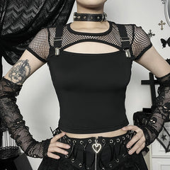 Goth Dark Mall Gothic Fishnet Patchwork Blouses Hollow Out Sexy Grunge Aesthetic T-shirts Punk Short Sleeve E-girl Alt Crop Tops