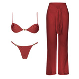 Red Diamond Swimsuit With Beach Pant Sexy Bikini Women Bandeau Biquini Female Push Up Swimwear Vacation Wear Bathing Suit Outfit