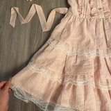Pbong  Japanese Sweet Summer Dress Women Lace Patchwork Pink Tiered Cake Dress Lolita Inspired Cute Bow Tie Peter Pan Collar Vestidos